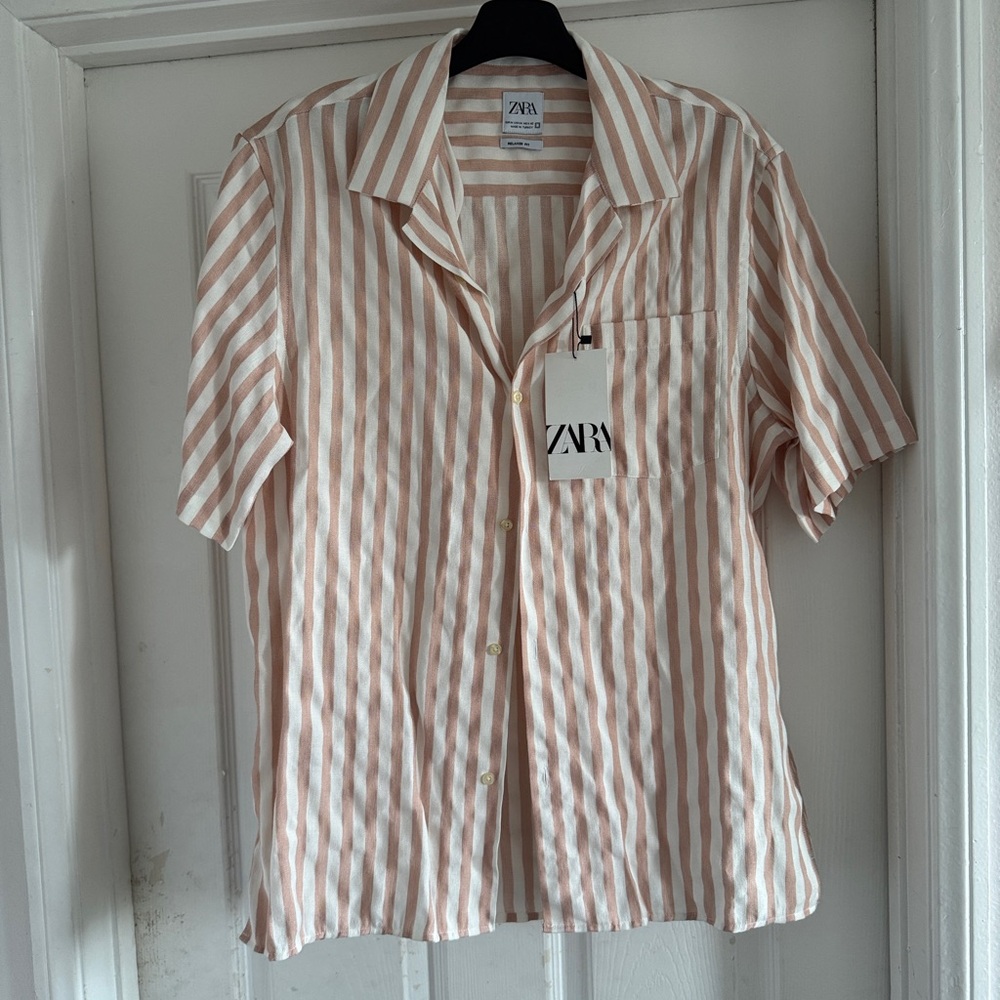 Zara Men's Striped Button Up Shirt - White and Salmon